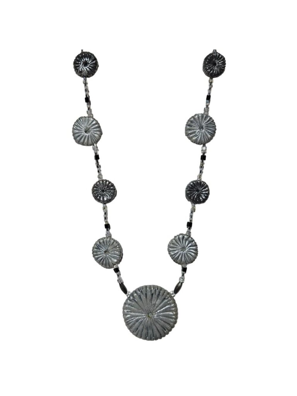 Vintage Sunburst Necklace Textured Disc Medallion Silver Tone Black Beaded Artsy